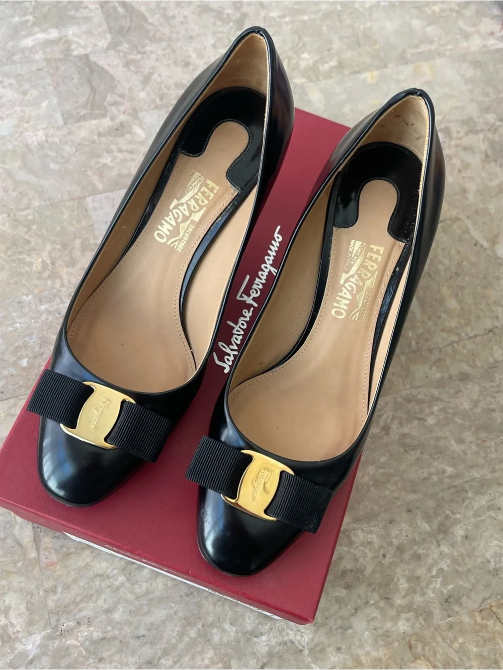 Salvatore Ferragamo Black Bow Heels + Original Box, Dust Bag, & Heel Clips